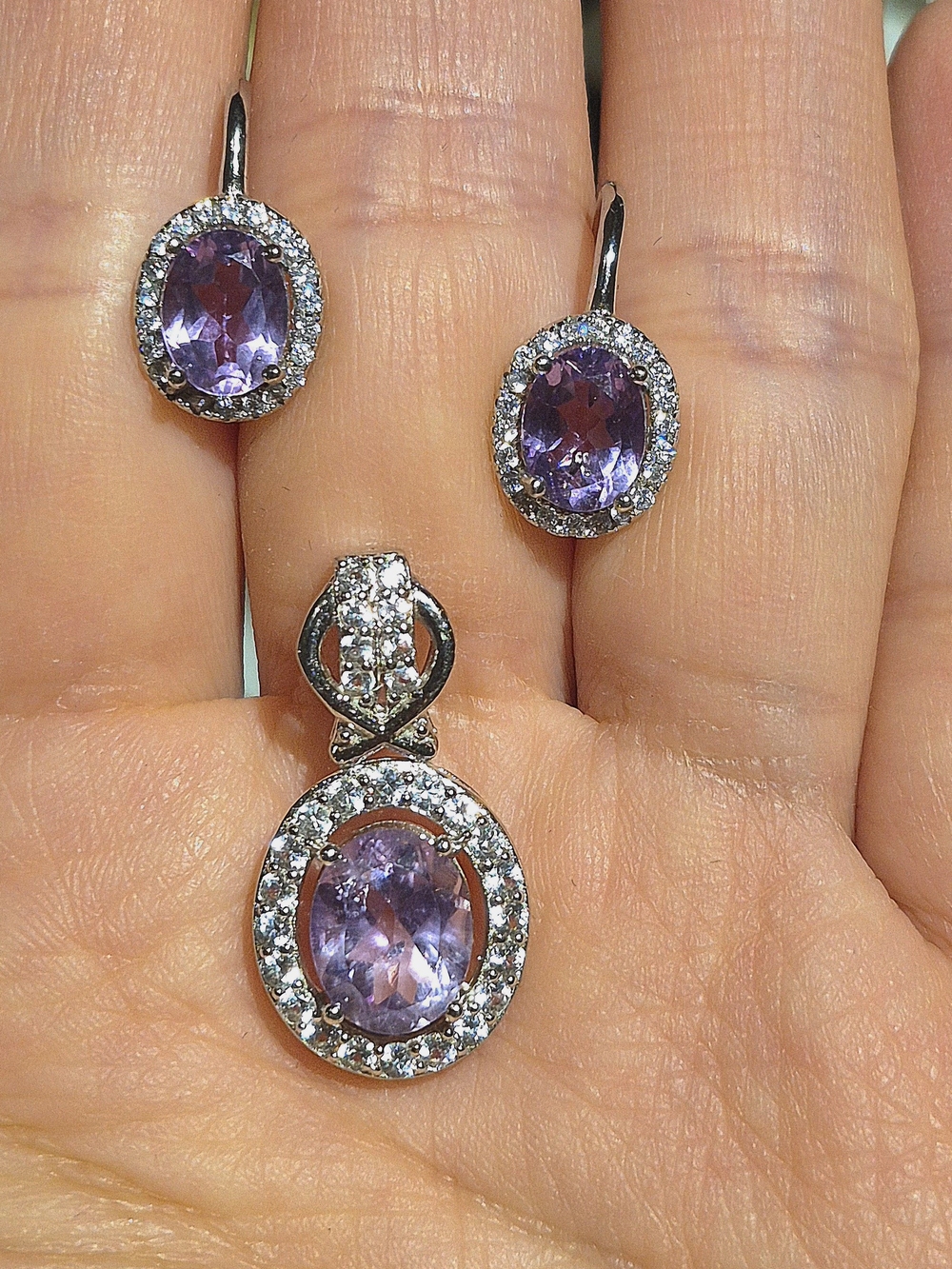 NEW*Timeless* 925 Sterling Silver Amethyst Halo Earrings Pendant Set